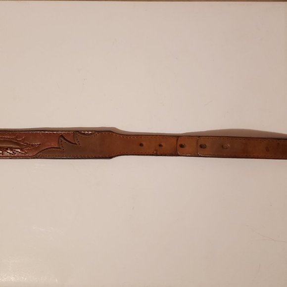 Tony Lama wes brown leather belt with stitch detailing and metallic heart decals